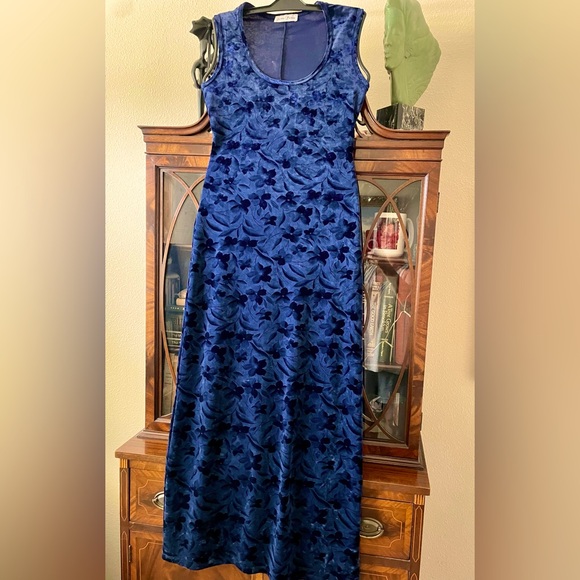 Bisou Bisou Dresses & Skirts - Bisou Bisou Deep Blue Floral Velvet Bodycon Full Length Gorgeous Dress S/M